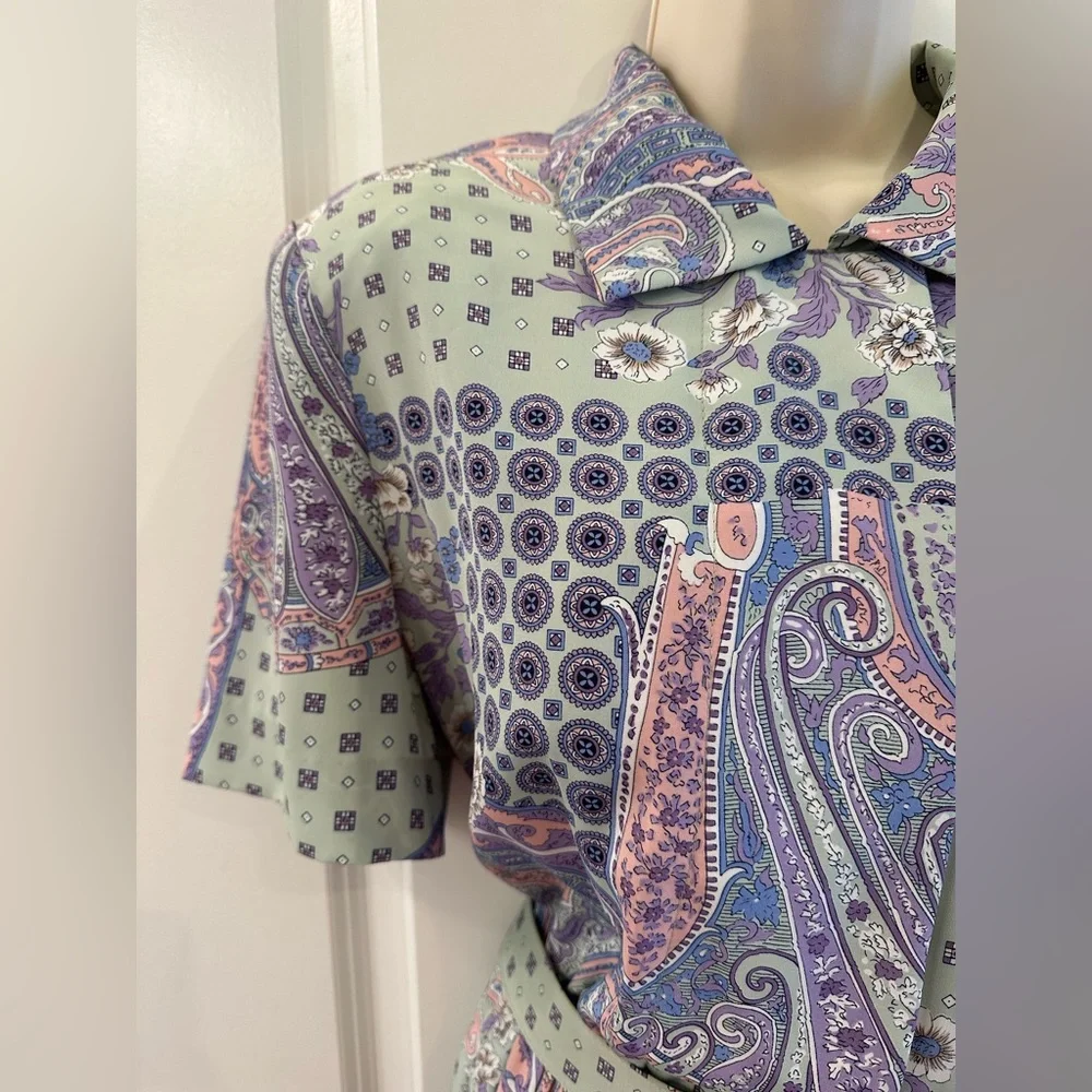 Leslie Fay Patchwork Print Dress Vintage Belted Pleated Skirt Women’s Size 10 - Picture 6 of 12